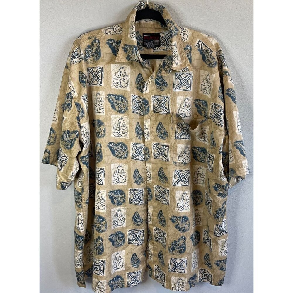 Y2K FUBU Beige/Blue Floral All Over Print Button Front Short Sleeve Mens XXL - Picture 2 of 12